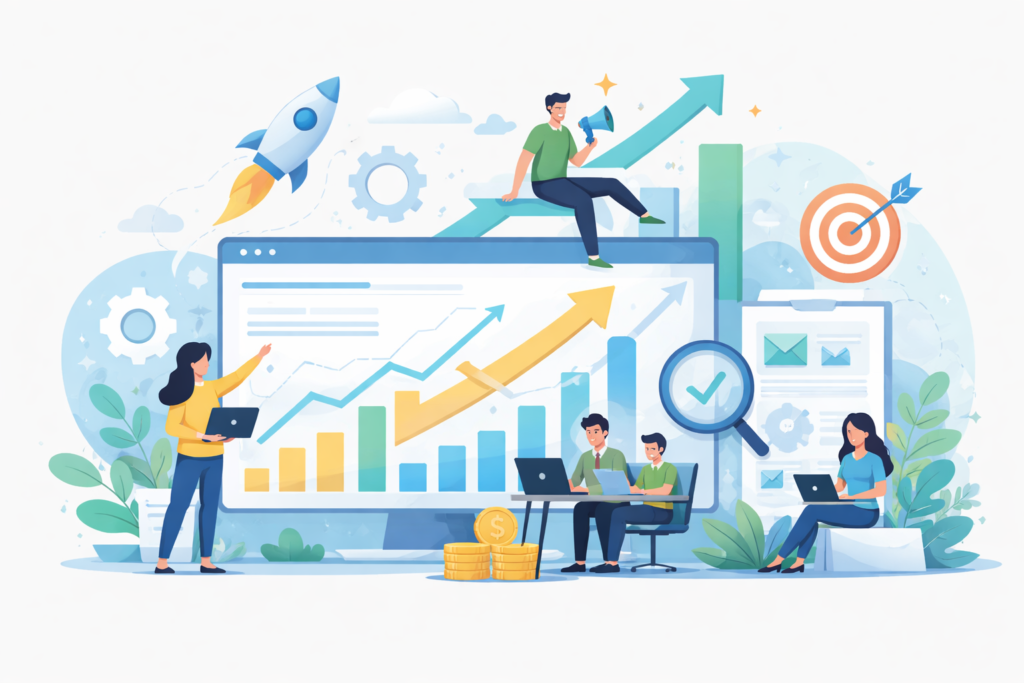 Digital Growth Guide illustration showing a team working on SEO, content marketing, and digital growth strategies
