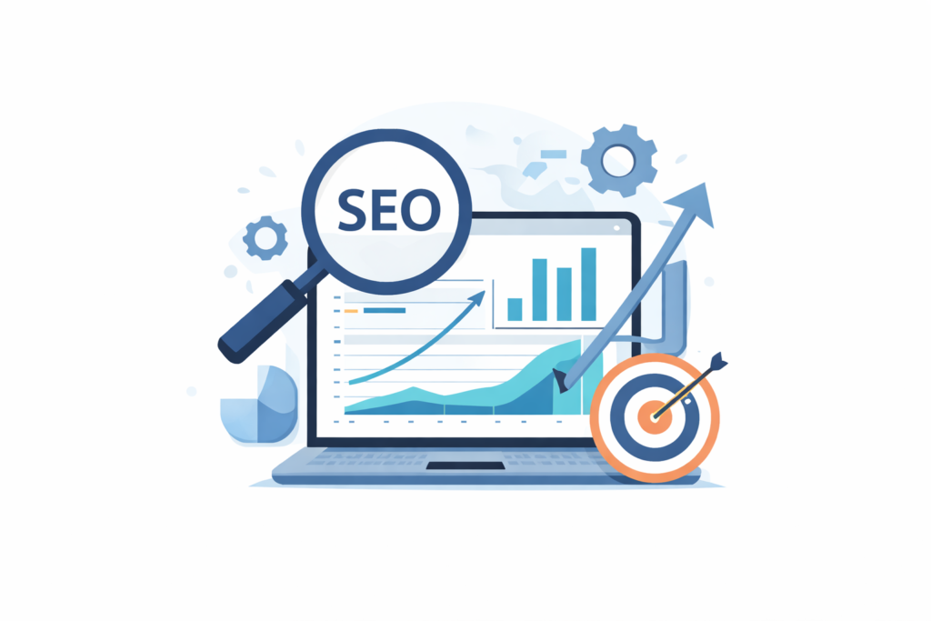digital marketing blog SEO marketing illustration showing analytics, keyword research, and growth strategy