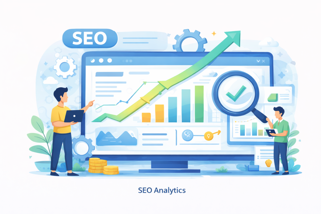Digital Growth Guide illustration showing SEO analytics, performance tracking, and search growth strategy