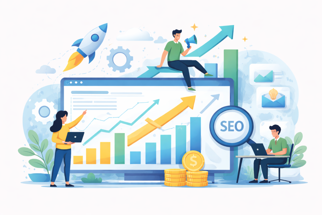 Digital Growth Guide illustration showing SEO growth strategy, analytics, and business performance improvement